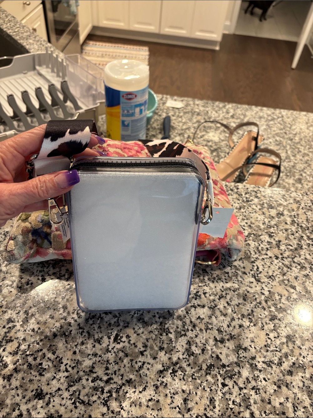 Clear hard plastic purse with long wide strap